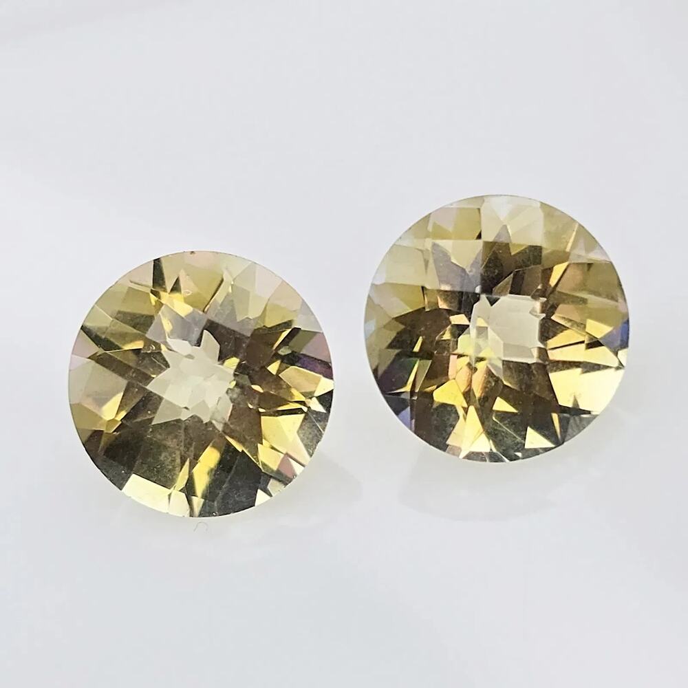 Natural Mystic Quartz Pair, Golden, Round Cut, 6.35 ct Total, 10mm, Coated